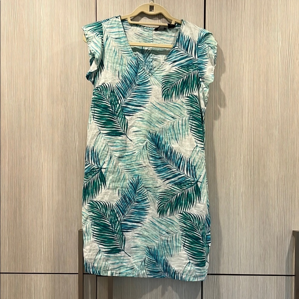 TAHARI | Linen Tropical Flutter‎ Sleeve Shift Dress | Blue & White | Small